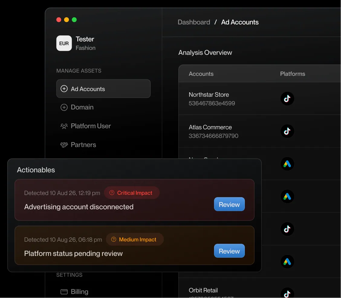 Adfence dashboard showing advertising account security monitoring
